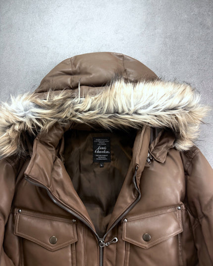 Louis Chavlon puffer jacket collar close-up with fur hood, woven label and chest pockets