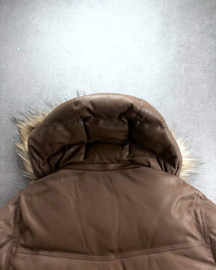 Louis Chavlon puffer jacket hood and upper back detail with leather creasing