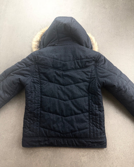 Louis Chavlon puffer jacket back view showing chevron quilting and fur-trimmed hood