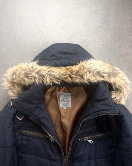 Louis Chavlon puffer jacket collar close-up with brand label, brown lining and zip pockets
