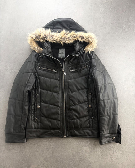 LOUIS CHAVLON black puffer jacket with fur trim hood, front view zipped on grey floor