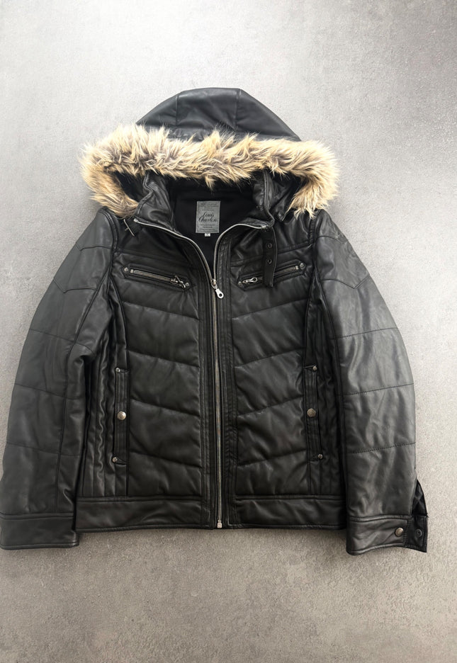 LOUIS CHAVLON black puffer jacket with fur trim hood, front view zipped on grey floor
