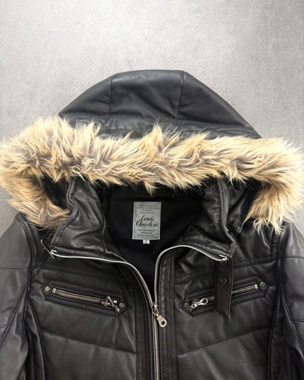 Close-up of LOUIS CHAVLON puffer collar, grey woven label, chest zip pockets and fur hood trim