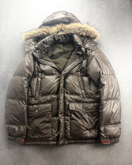 MACHOPE bronze puffer jacket with fur trim hood laid flat, front view