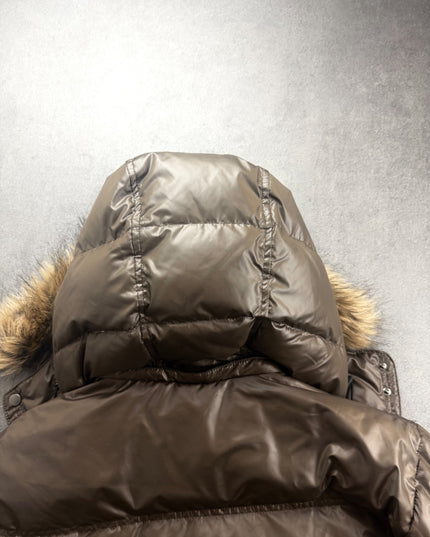 MACHOPE puffer jacket hood back view with fur trim and quilted seams