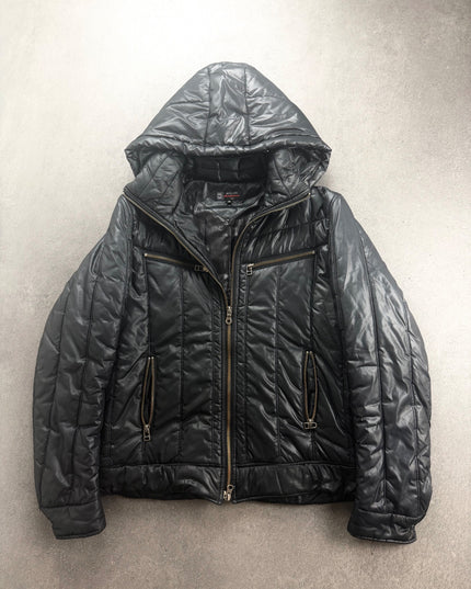 MICHEL KLEIN black glossy hooded puffer jacket, front view with gold zips