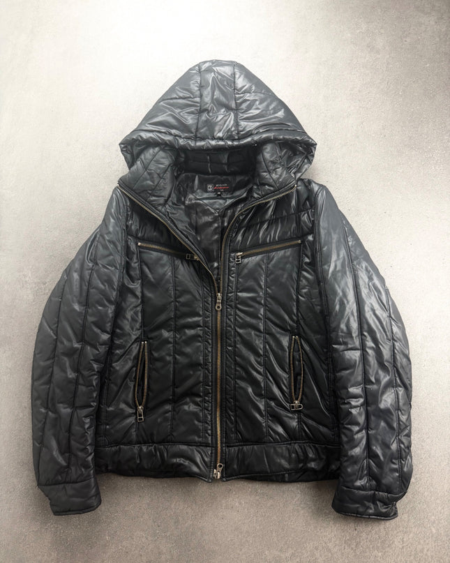 MICHEL KLEIN black glossy hooded puffer jacket, front view with gold zips