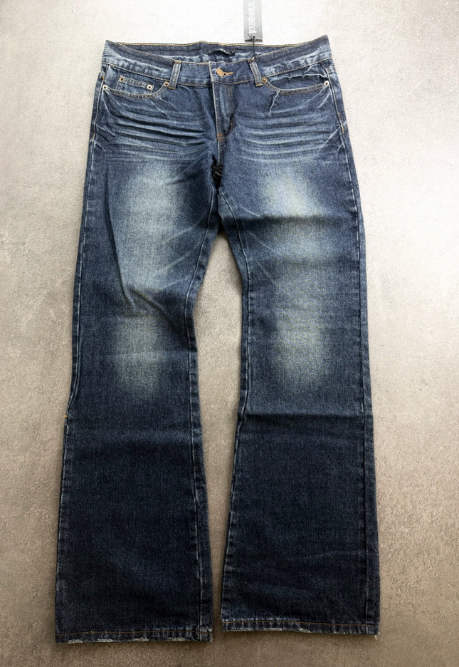 PANDORA faded indigo bootcut denim laid flat, front view with thigh fading and whiskering