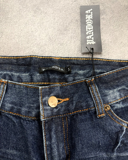 PANDORA bootcut denim hem detail showing flared leg opening and lightly frayed edge