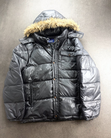 Penfield glossy gunmetal-grey puffer jacket with fur-trimmed hood, front view laid flat