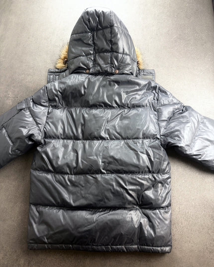 Penfield puffer jacket back view showing quilted hood and horizontal padded panels