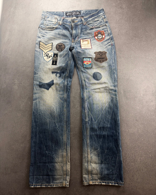Red Pepper patchwork faded straight denim, front view laid flat with military badges