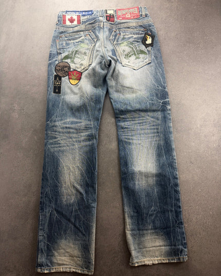 Red Pepper faded denim back view with eagle pocket prints and patches