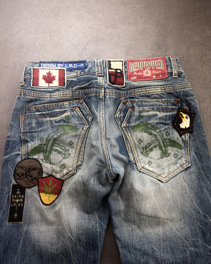 Red Pepper denim back waist with Canadian flag, skull and leaf shield patches