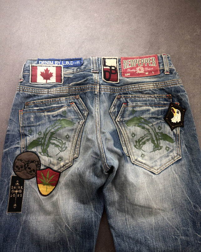 Red Pepper denim back waist with Canadian flag, skull and leaf shield patches