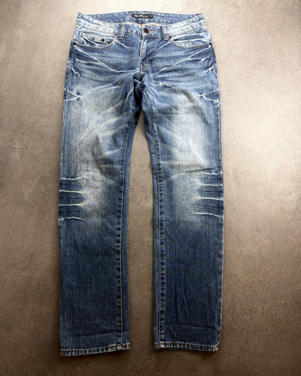 ROOT THREE faded blue straight denim jeans, front view laid flat with bleached whiskering