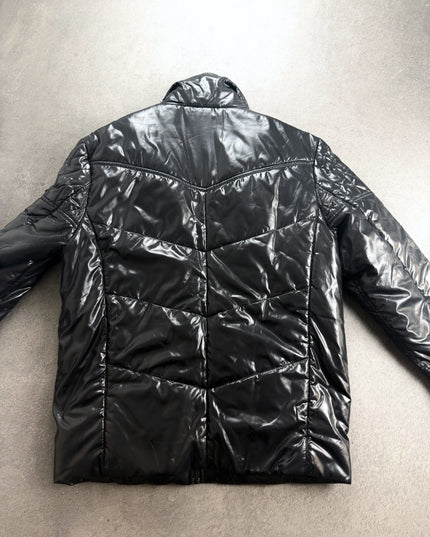 Russ K black quilted puffer jacket back view with chevron quilting