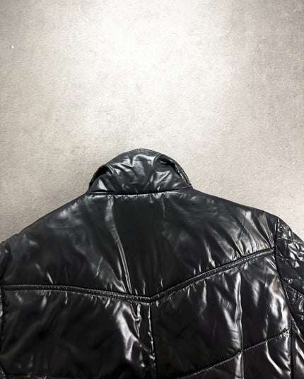 Russ K glossy black puffer jacket upper back and collar with yoke seam