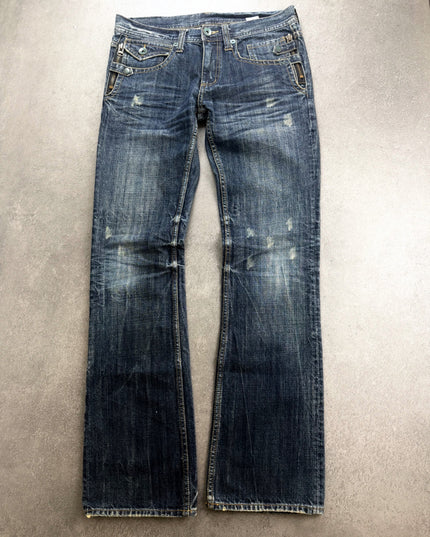 RUSS K dark indigo faded bootcut denim, full front view with flap pockets and zips