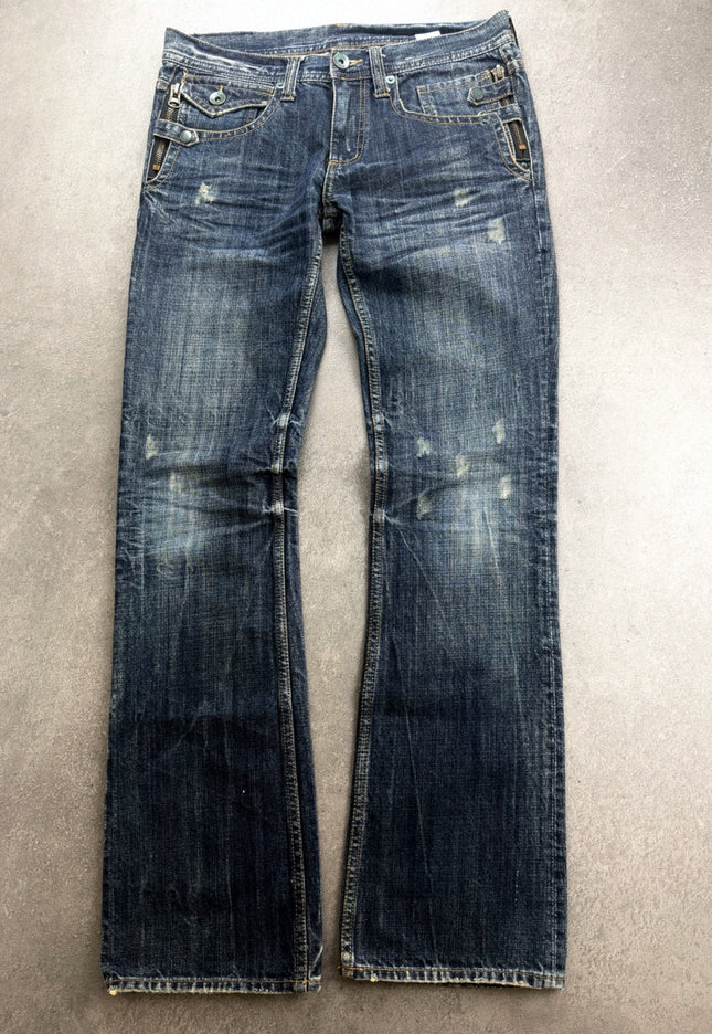 RUSS K dark indigo faded bootcut denim, full front view with flap pockets and zips