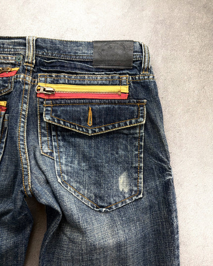 RUSS K denim inside waistband view showing construction, stitching and interior finish