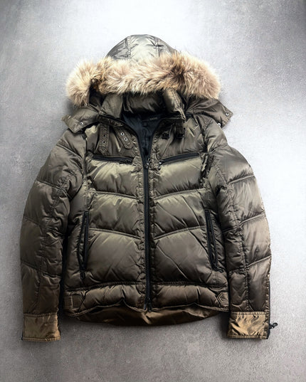 Schlüssel olive-bronze puffer jacket with fur-trimmed hood, front view laid flat on grey