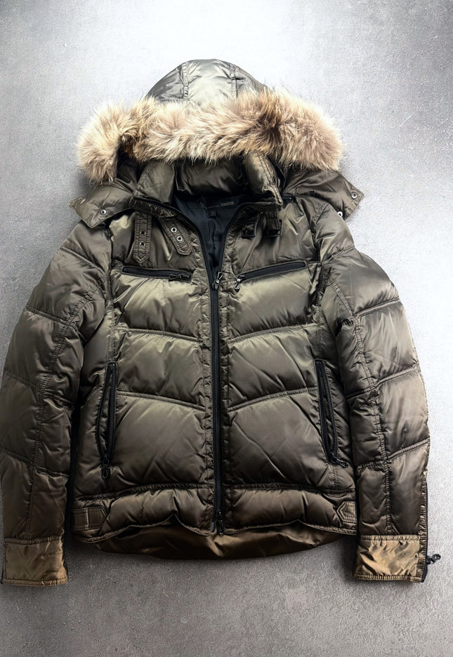 Schlüssel olive-bronze puffer jacket with fur-trimmed hood, front view laid flat on grey