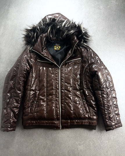 Spinash glossy brown puffer jacket with faux fur hood, front view laid flat