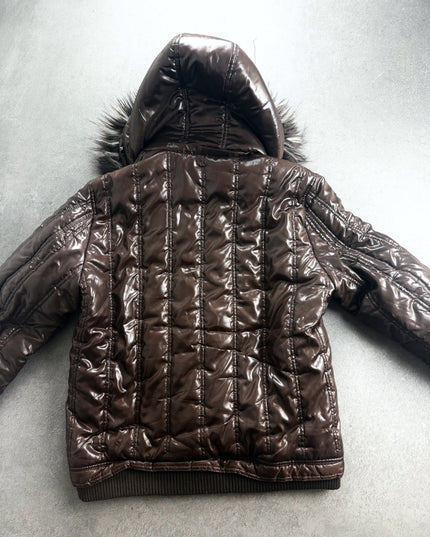 Spinash brown puffer jacket back view showing vertical quilting and padded hood