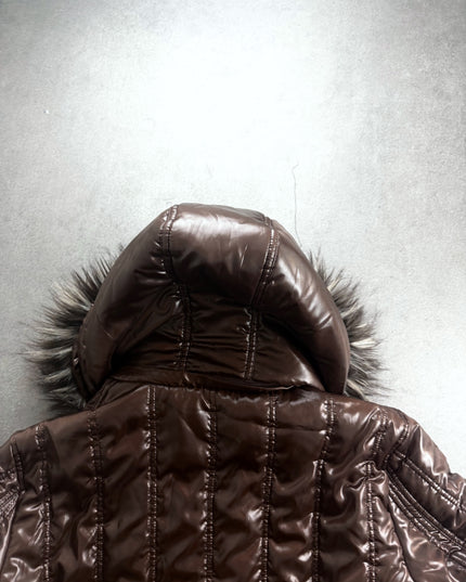 Spinash brown puffer hood and upper back with vertical quilted channels