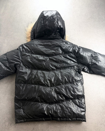 T&C Surf black puffer jacket back view with chevron quilting and hood