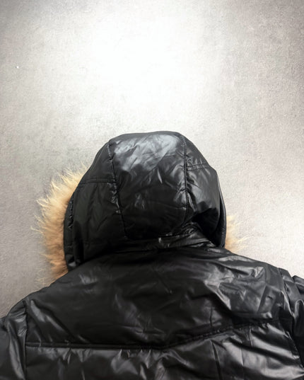T&C Surf puffer jacket hood back view with fur trim and quilted seams