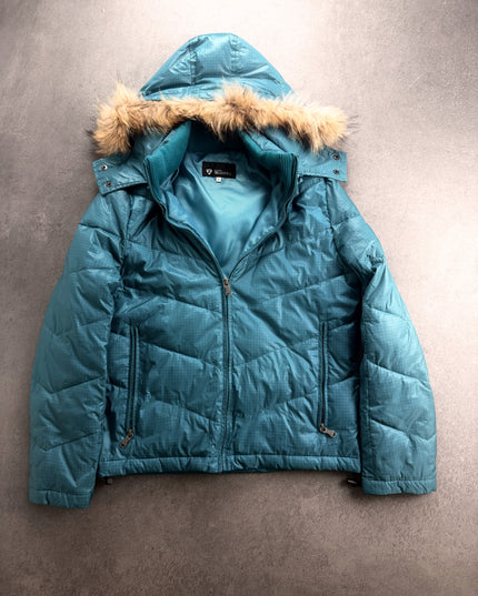Takeo Kikuchi teal hooded puffer jacket laid flat, front view with fur-trimmed hood and zip