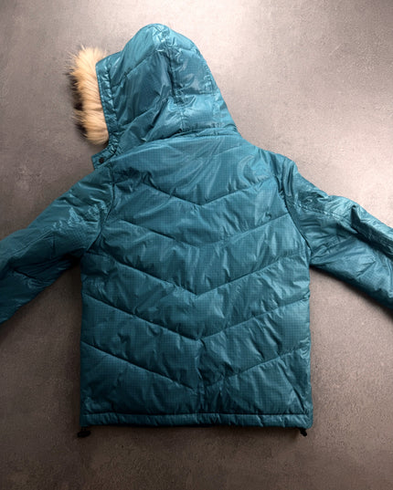 Back view of Takeo Kikuchi teal puffer showing chevron quilting and hood with fur trim
