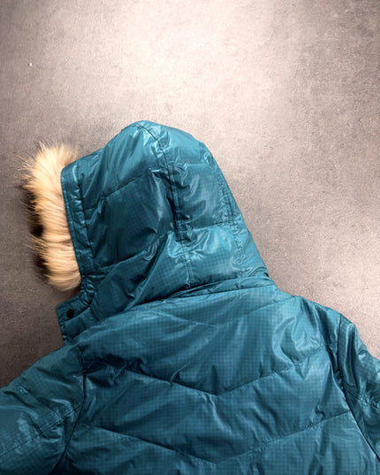Takeo Kikuchi teal puffer hood and shoulder detail with fur trim, snaps and tonal check shell