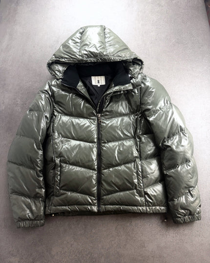 Takeo Kikuchi olive glossy hooded puffer jacket laid flat, front view with zip