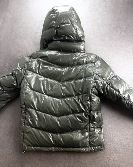 Takeo Kikuchi puffer jacket back view with chevron quilting and hood zip