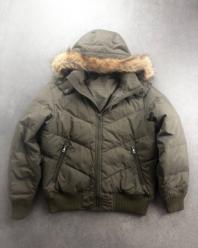 TAKEO KIKUCHI olive down puffer jacket front view with fur-trimmed hood and zippered pockets