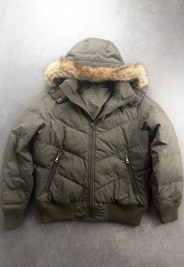 TAKEO KIKUCHI olive down puffer jacket front view with fur-trimmed hood and zippered pockets
