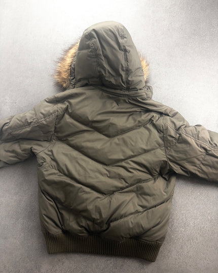 TAKEO KIKUCHI olive hooded puffer jacket back view showing chevron quilting and ribbed hem