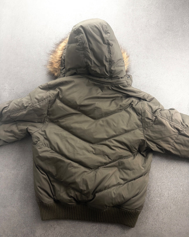 TAKEO KIKUCHI olive hooded puffer jacket back view showing chevron quilting and ribbed hem