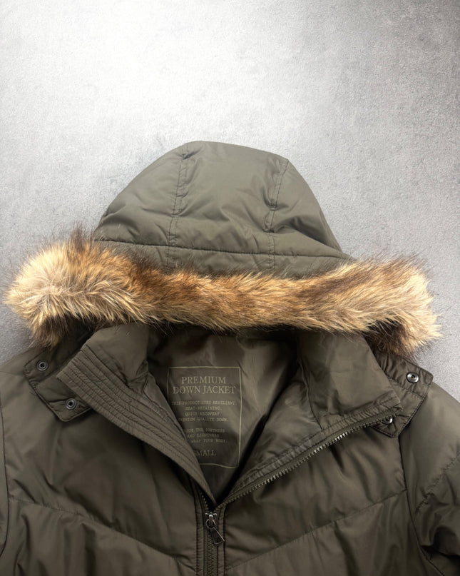 TAKEO KIKUCHI puffer jacket collar close-up with fur hood trim and Premium Down Jacket label