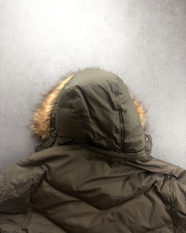 TAKEO KIKUCHI olive puffer jacket hood and upper back close-up with fur trim visible