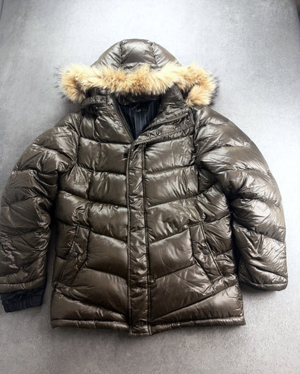 UJ glossy brown puffer jacket with fur trim hood, front view laid flat