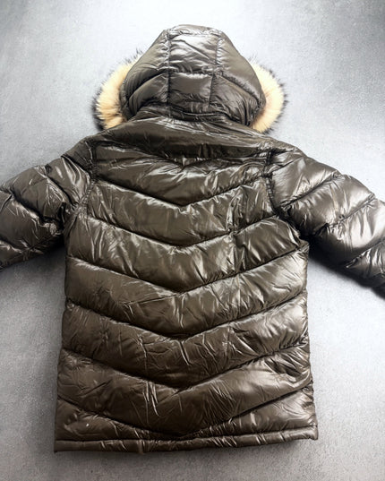 UJ glossy brown puffer jacket back view showing chevron quilting and hood