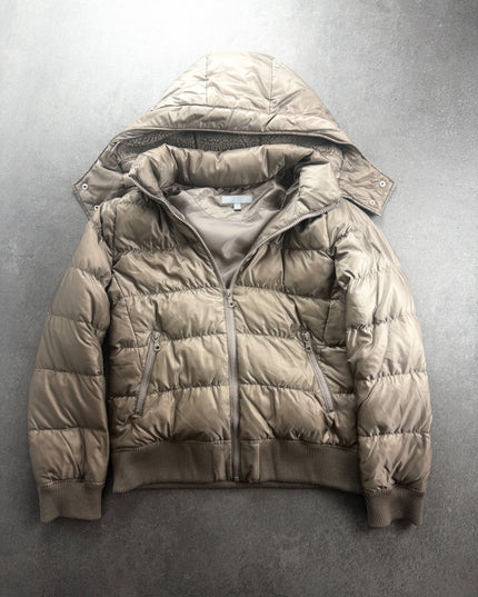 UNIQLO taupe hooded puffer jacket, front view with zip and diagonal pockets
