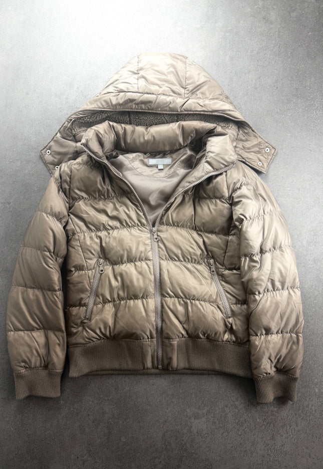 UNIQLO taupe hooded puffer jacket, front view with zip and diagonal pockets