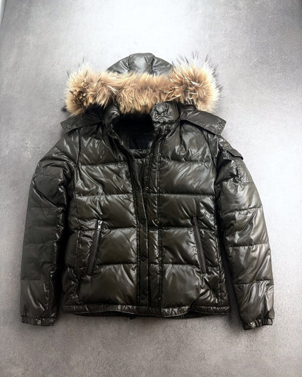 UNTITLED glossy olive-black puffer jacket with fur-trimmed hood, front view laid flat