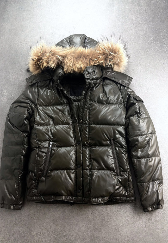UNTITLED glossy olive-black puffer jacket with fur-trimmed hood, front view laid flat