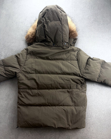 Urban Research puffer jacket back view showing quilted panels and hood